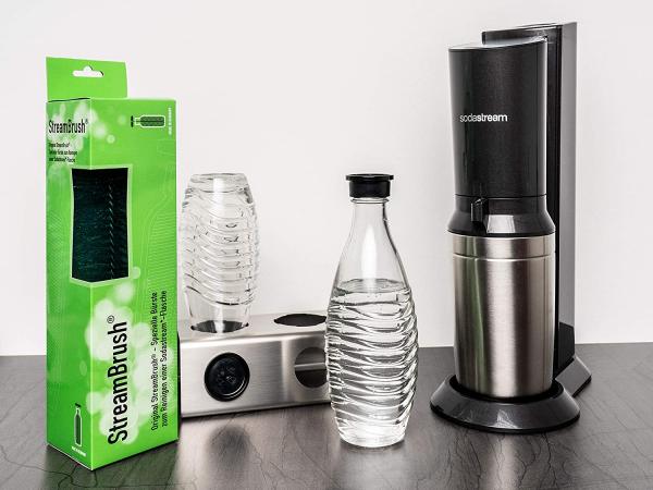 Two in ONE Abtropfhalter und Spülmaschineneinsatz - 5 fach - aus Edelstahl kompatibel mit Sodastream Crystal & Emil Flaschen - Flaschenhalter mit praktischer Deckelhalterung